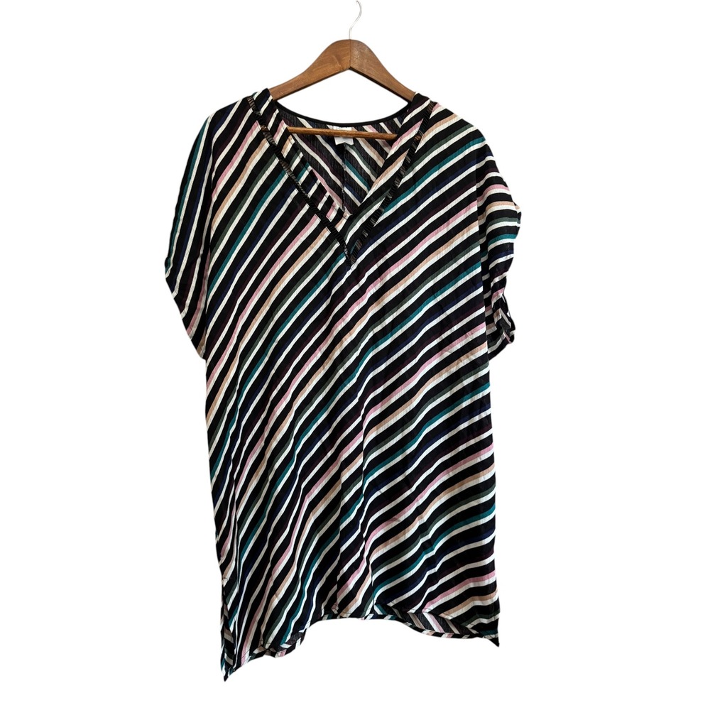 Kona Sol Swim Cover Up Women Small Black Multi Stripe V-Neck Excellent Tunic